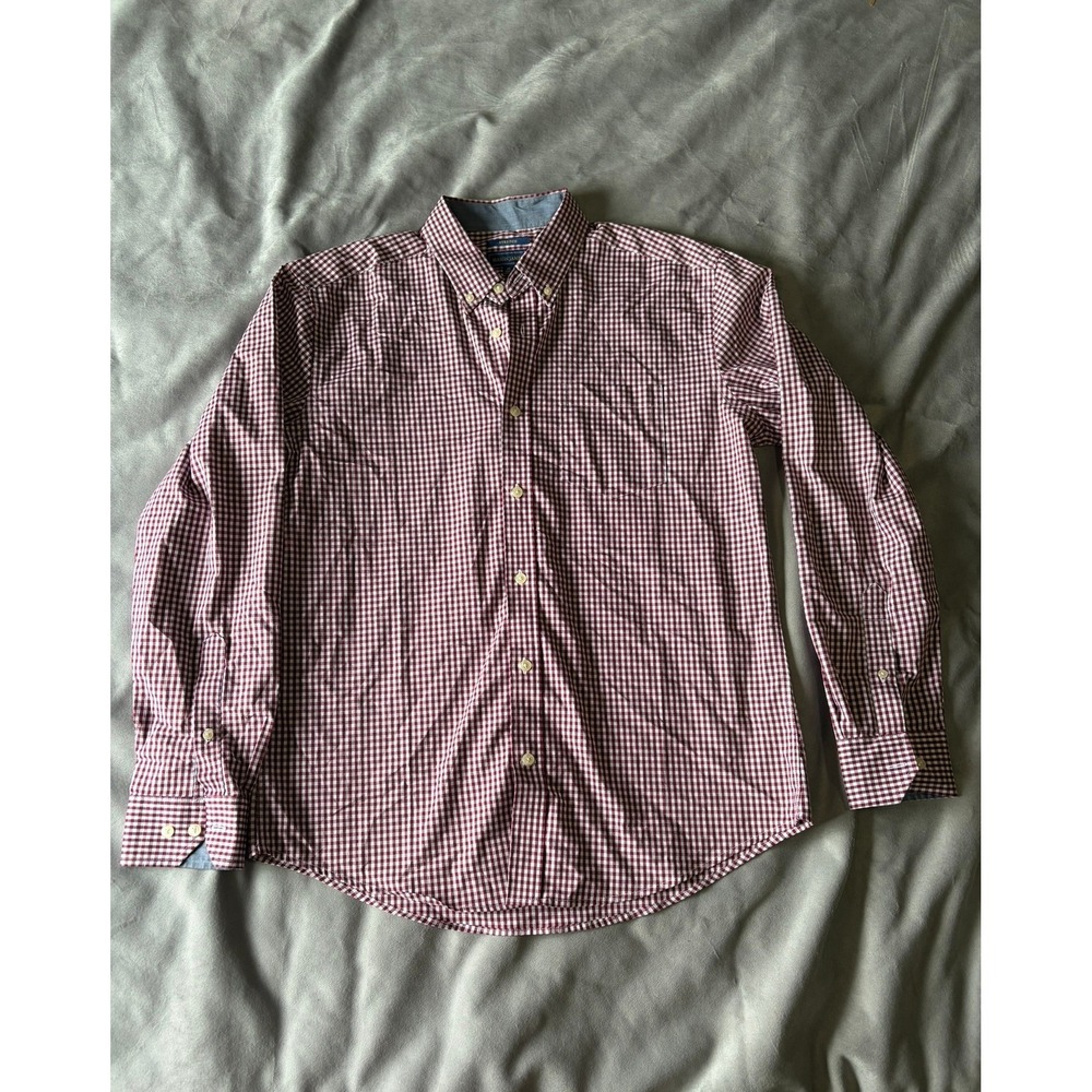Mason James Mens Burgundy Gingham Stretch Button Down Shirt Long Sleeve Medium